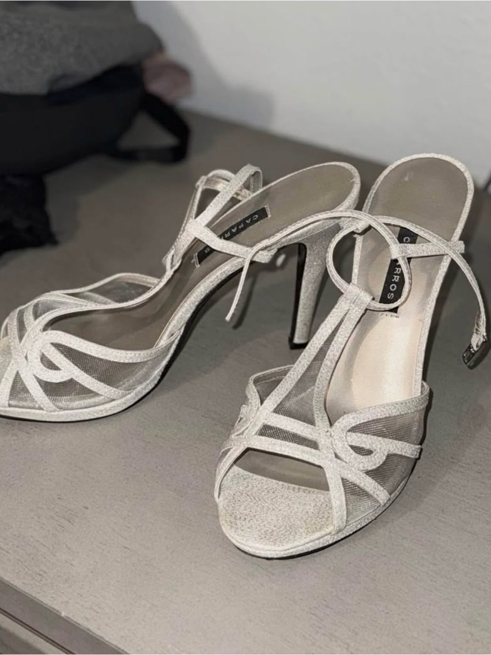 7.5 Silver Glitter Strappy High Heel Sandals